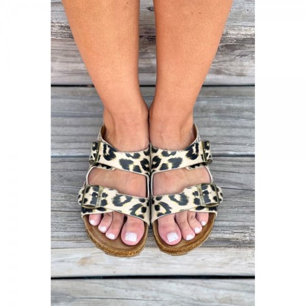 Leopard PU?Leather Square Buckle Slippers